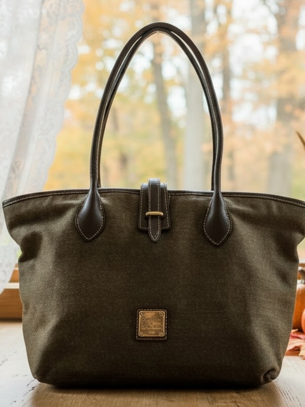 Dooney & Bourke Olive Brown Canvas Cindy Tote with Dark Brown Leather Trim